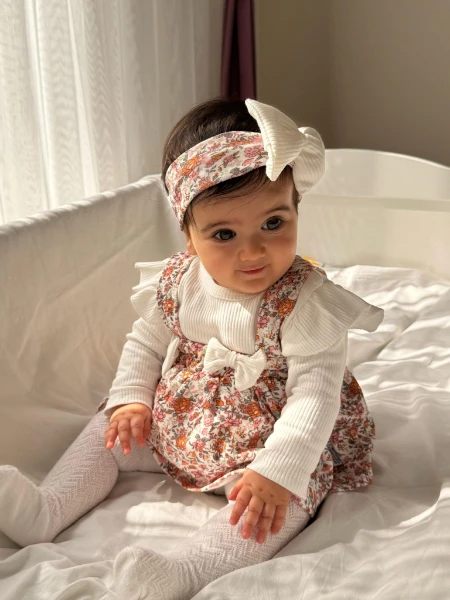 Çiçek Baskılı Badili Bandanalı Kız Bebek Elbise - RENKLİ