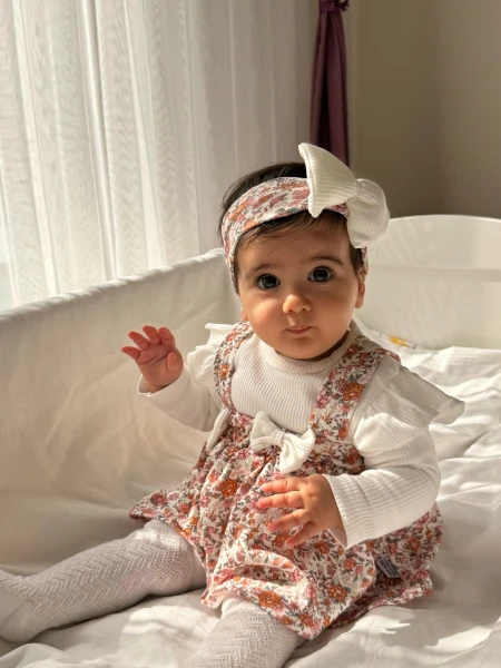 Çiçek Baskılı Badili Bandanalı Kız Bebek Elbise - RENKLİ