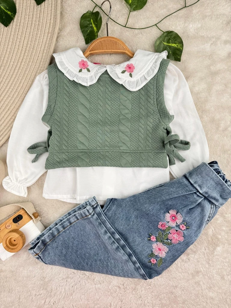 Kot Pantolonlu Nakışlı Bebe Yaka Premium Kalite Bayramlık Şık Gömlekli 3'lü Kız Çocuk Takım - YEŞİL