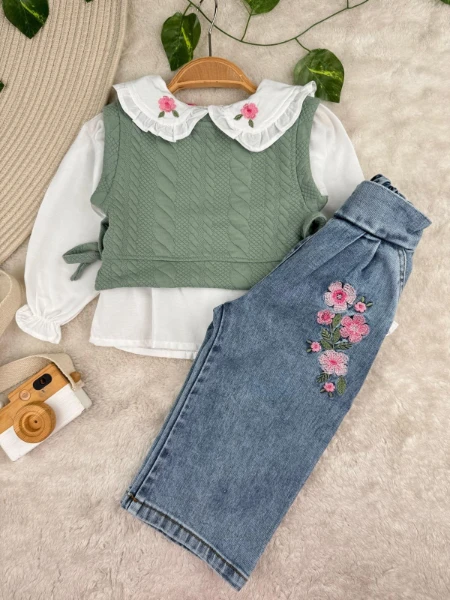 Kot Pantolonlu Nakışlı Bebe Yaka Premium Kalite Bayramlık Şık Gömlekli 3'lü Kız Çocuk Takım - YEŞİL