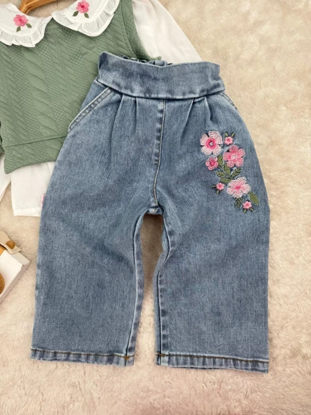 Kot Pantolonlu Nakışlı Bebe Yaka Premium Kalite Bayramlık Şık Gömlekli 3'lü Kız Çocuk Takım - YEŞİL