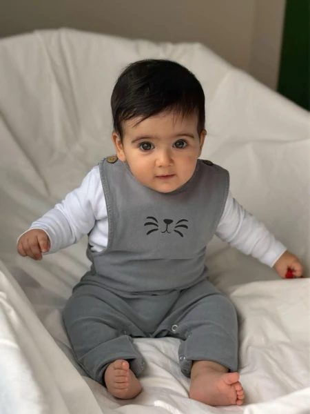 Likralı Yumuşacık Arkası Kulak Detaylı Kot Salopetli %100 Pamuk Badili 2'li Set - GRİ