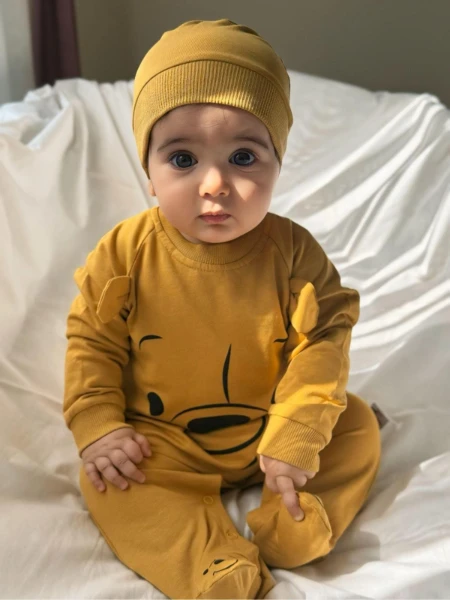 Winnie The Pooh Baskılı Ayaklı %100 Pamuklu Mevsimlik Unisex Tulum - HARDAL