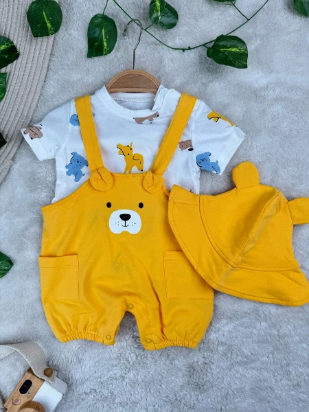 Animals Temalı Bear Bucket Şapkalı Tişörtlü Salopetli 3’lü Takım - SARI