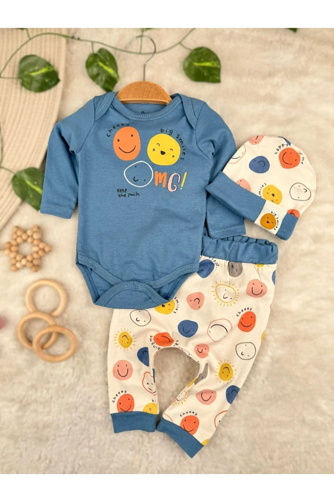 %100 Pamuk Mevsimlik Safari Friends Badili Şapkalı Takım 3'lü Set - MAVİ