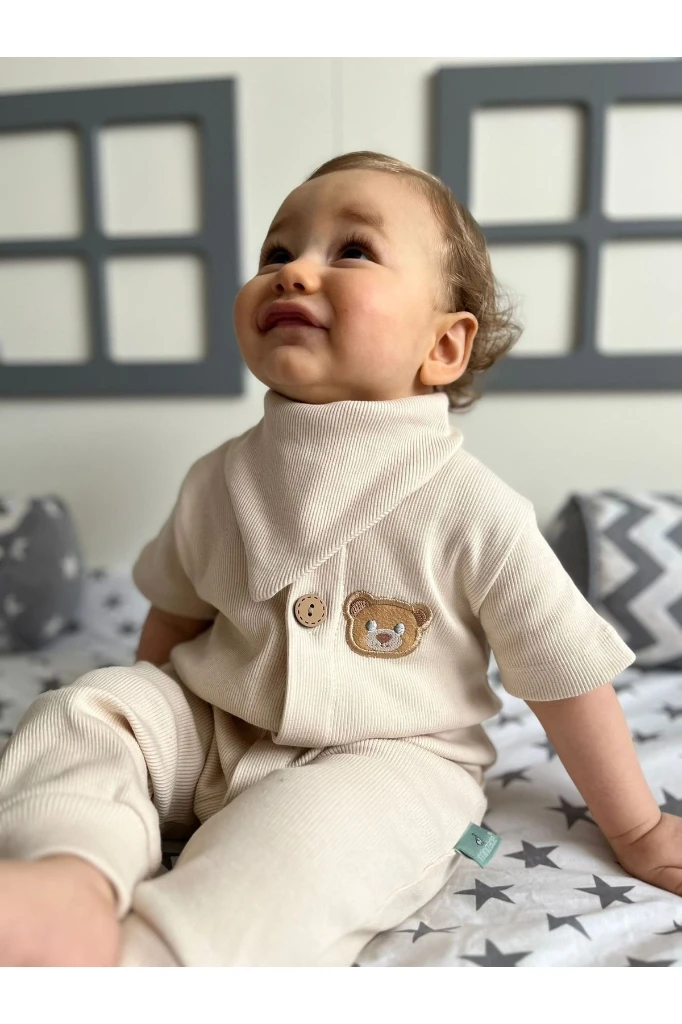 %100 Pamuk Unisex Bebek Tulum + Önlük&fular - KREM