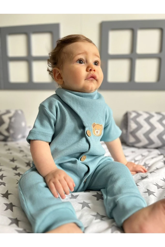 %100 Pamuk Unisex Bebek Tulum + Önlük&fular - BUZ MAVİSİ