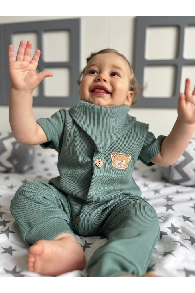 %100 Pamuk Unisex Bebek Tulum + Önlük&fular - PETROL YEŞİLİ