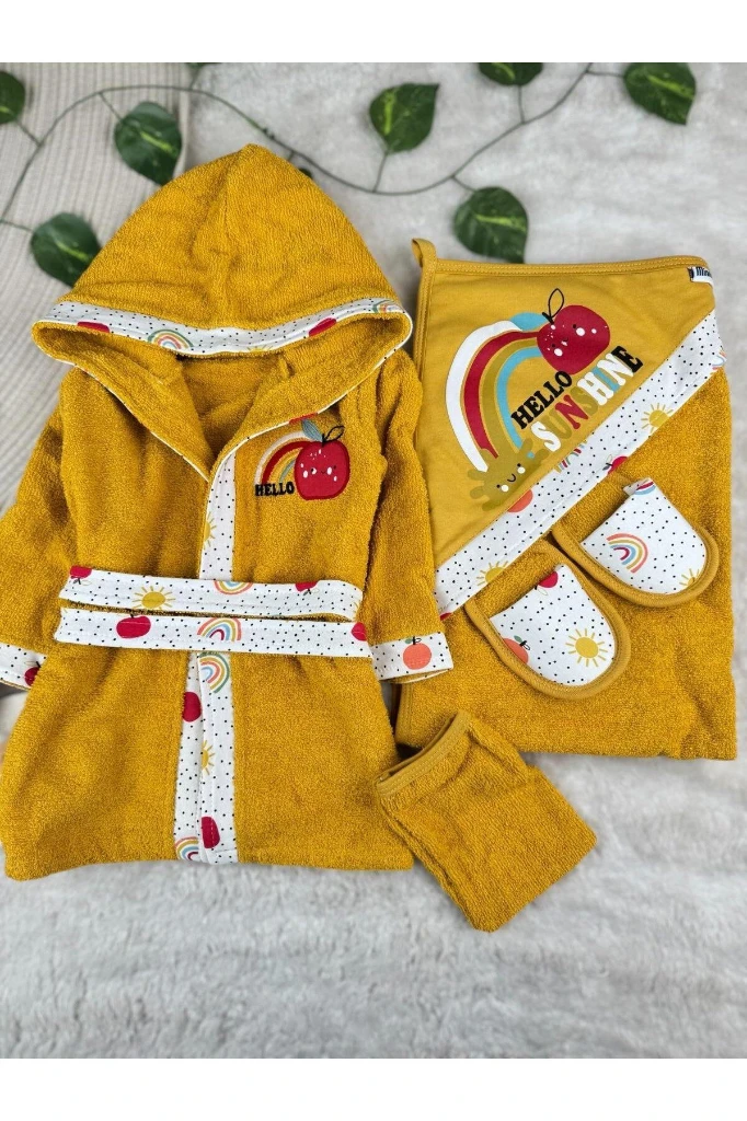 4 Parça %100 Pamuk Bebek Bornoz Takımı - HARDAL
