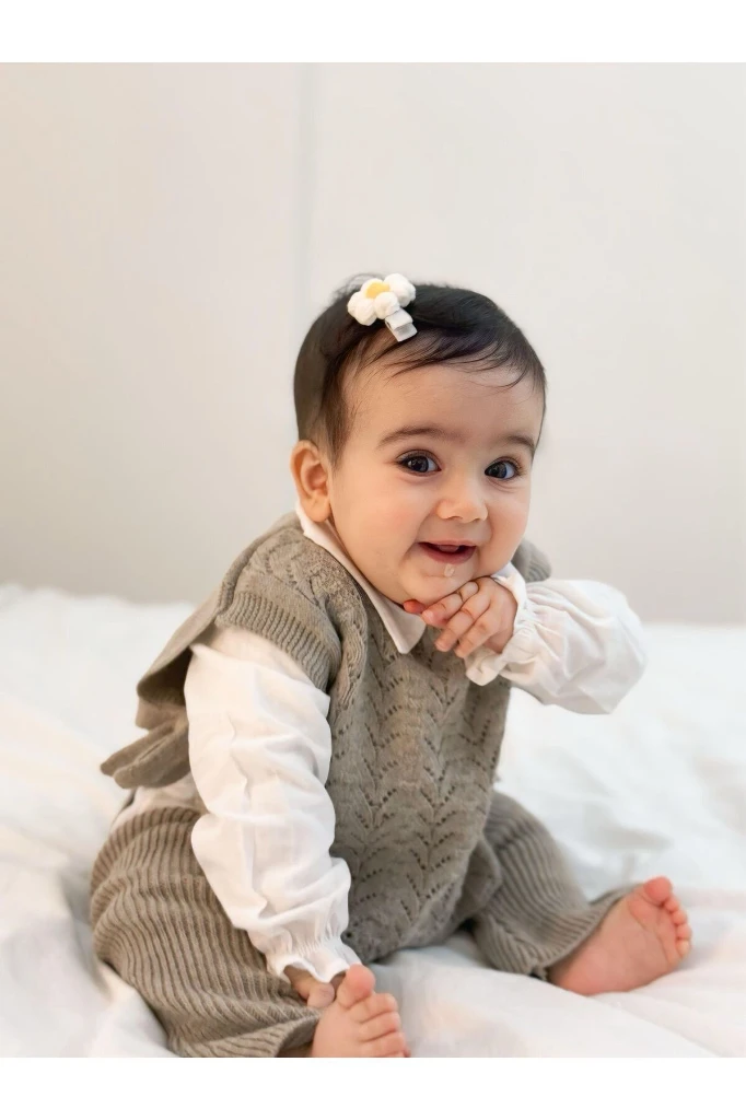 Amelia Süveterli Gömlekli 3'lü Triko Premium Kız Bebek Takım - GRİ