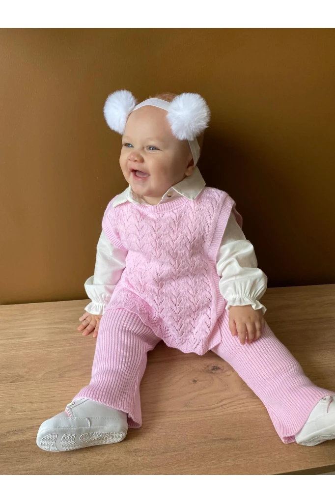 Amelia Süveterli Gömlekli 3'lü Triko Premium Kız Bebek Takım - PEMBE