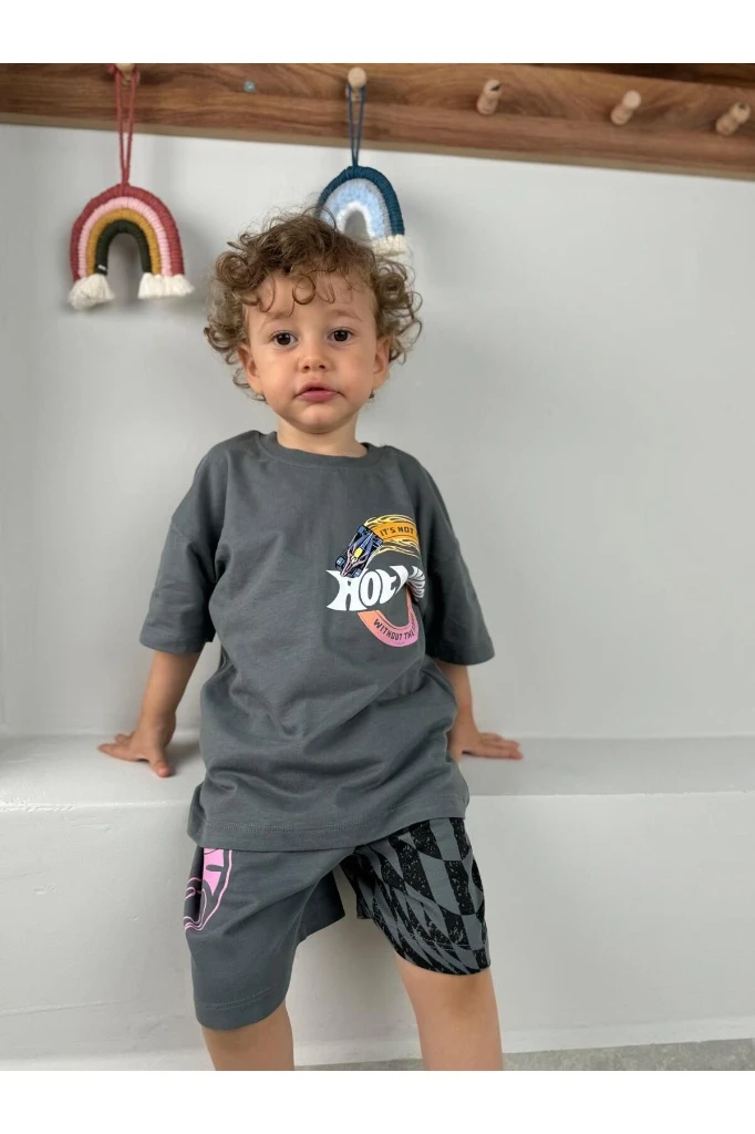 Araba Baskılı Yazlık Günlük Erkek Bebek/Çocuk Premium Kalite İkili Takım - GRİ