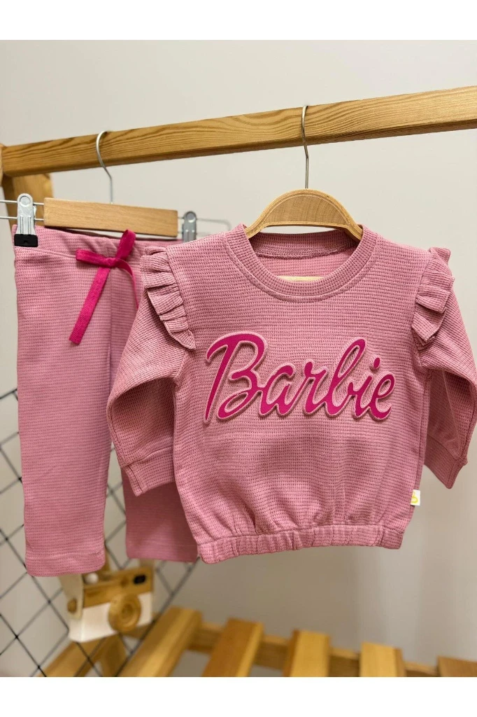 Barbie Nakışlı Kolu Fırfırlı Likralı Kumaş Kız Bebek/Çocuk Mevsimlik Takım - GÜL KURUSU