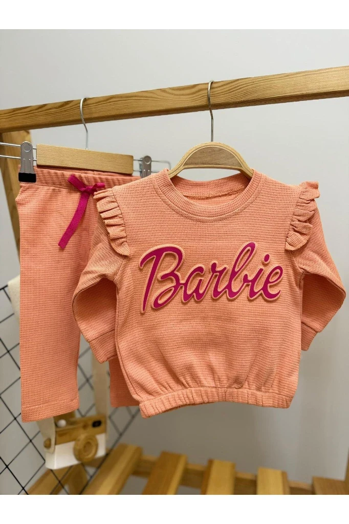 Barbie Nakışlı Kolu Fırfırlı Likralı Kumaş Kız Bebek/Çocuk Mevsimlik Takım - YAVRUAĞZI