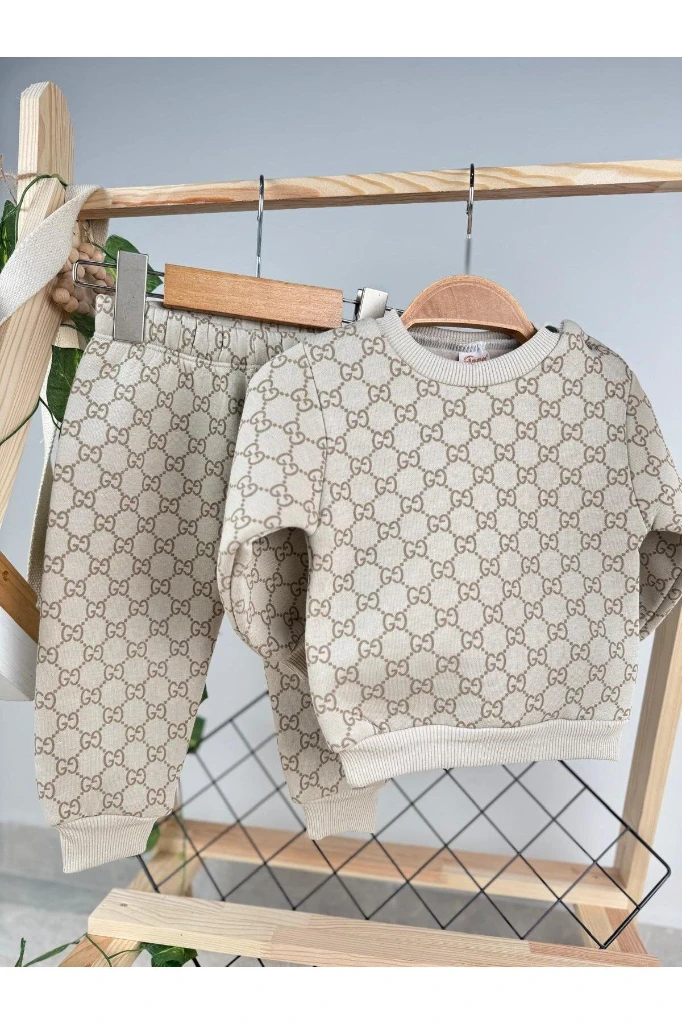 Baskılı 3 İp Unisex Kışlık Bebek/Çocuk İkili Takım - BEJ