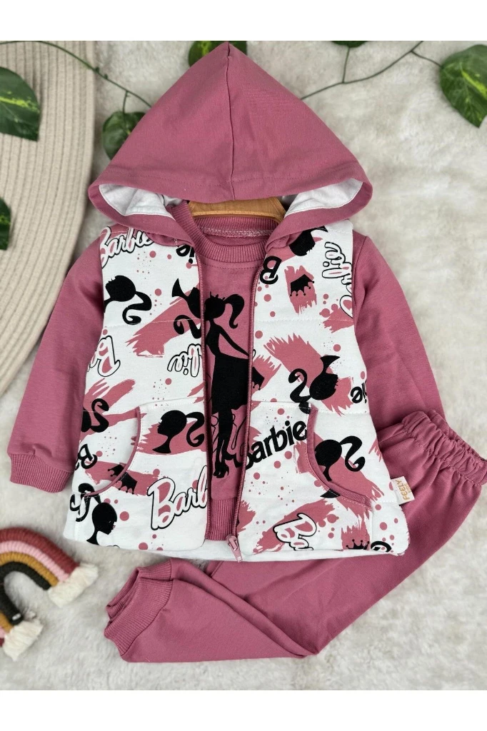 Baskılı Şişme Yelekli 3'lü Kız Bebek Eşofman Takım Set - MÜRDÜM