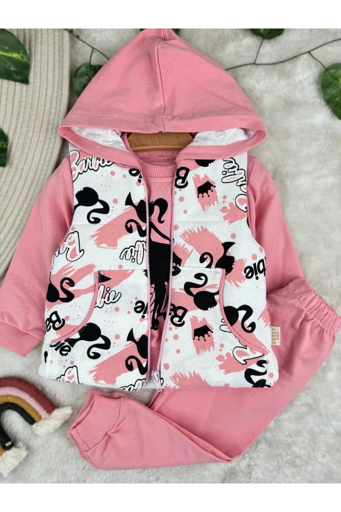 Baskılı Şişme Yelekli 3'lü Kız Bebek Eşofman Takım Set - PEMBE