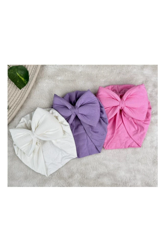 Bebek Çift Kat Fiyonklu Bebek Bone - BEYAZ-PEMBE-LİLA