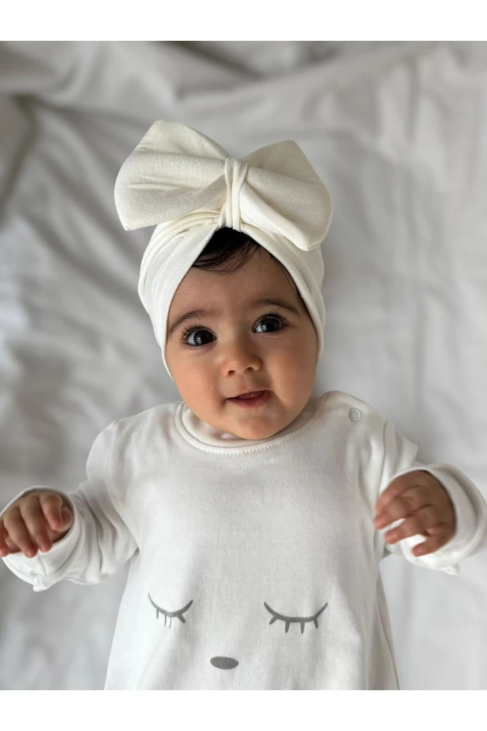 Bebek Çift Kat Fiyonklu Bebek Bone - BEYAZ