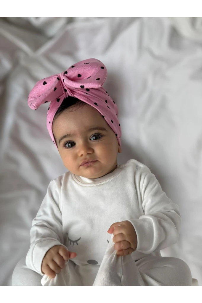 Bebek Çift Kat Fiyonklu Kalpli Bebek Bone - PEMBE