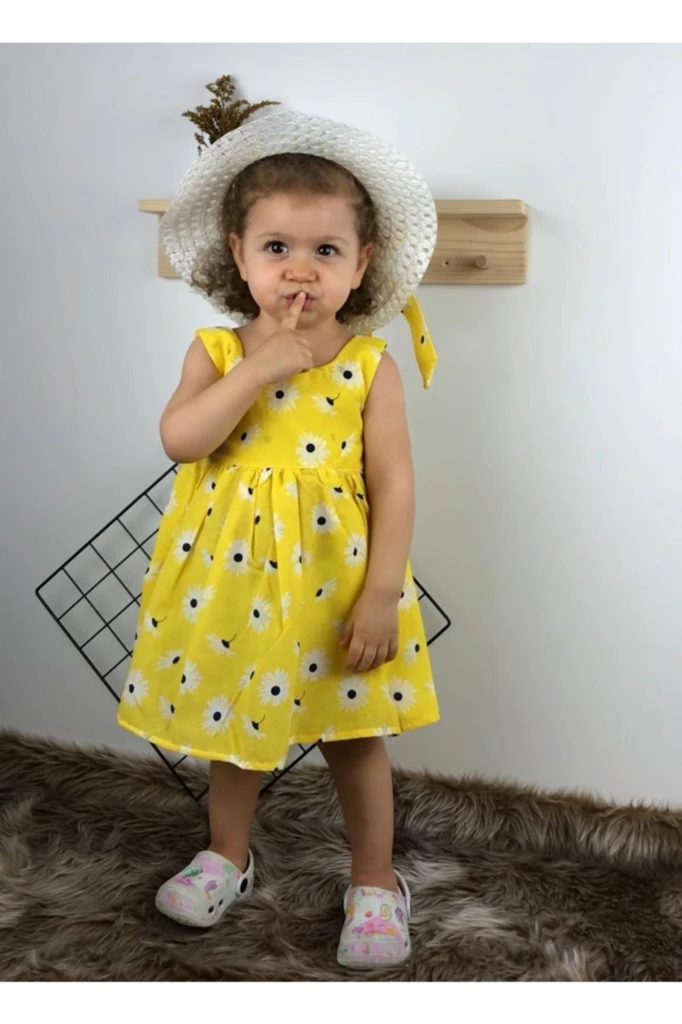 Büyük Papatya Çiçekli Şapkalı Yazlık Kız Bebek Elbise - SARI