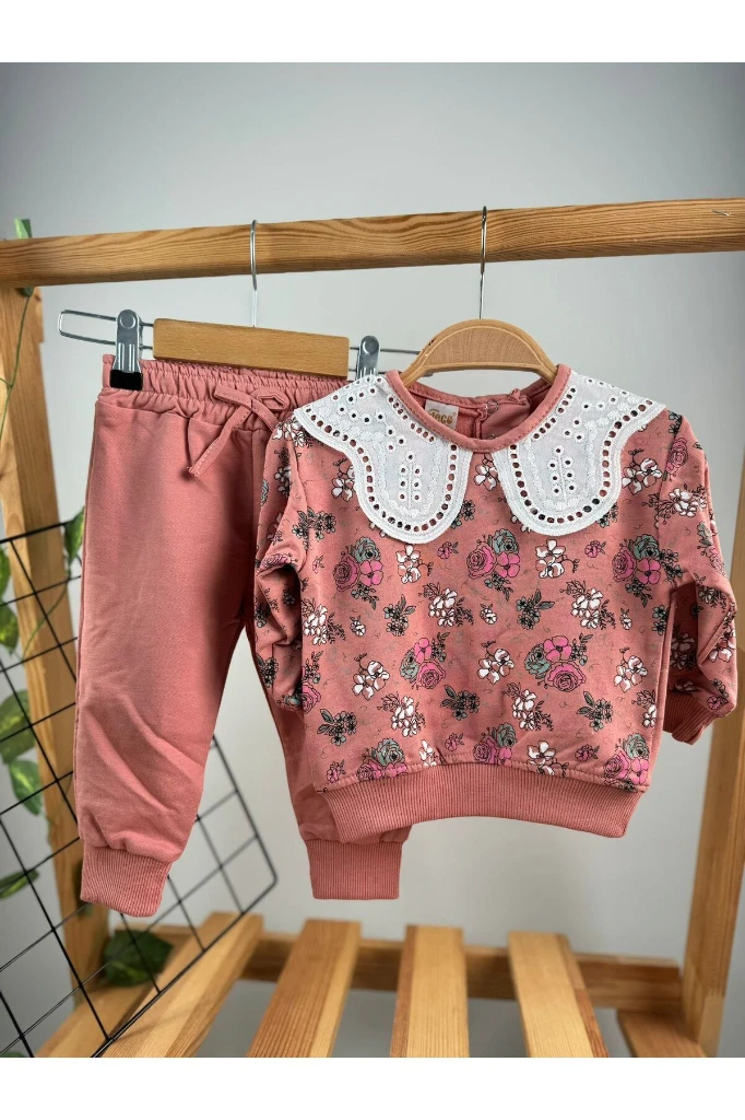 ÇİÇEK BASKILI BEBE YAKALI MEVSİMLİK KIZ BEBEK/ÇOCUK İKİLİ TAKIM - NARÇİÇEĞİ