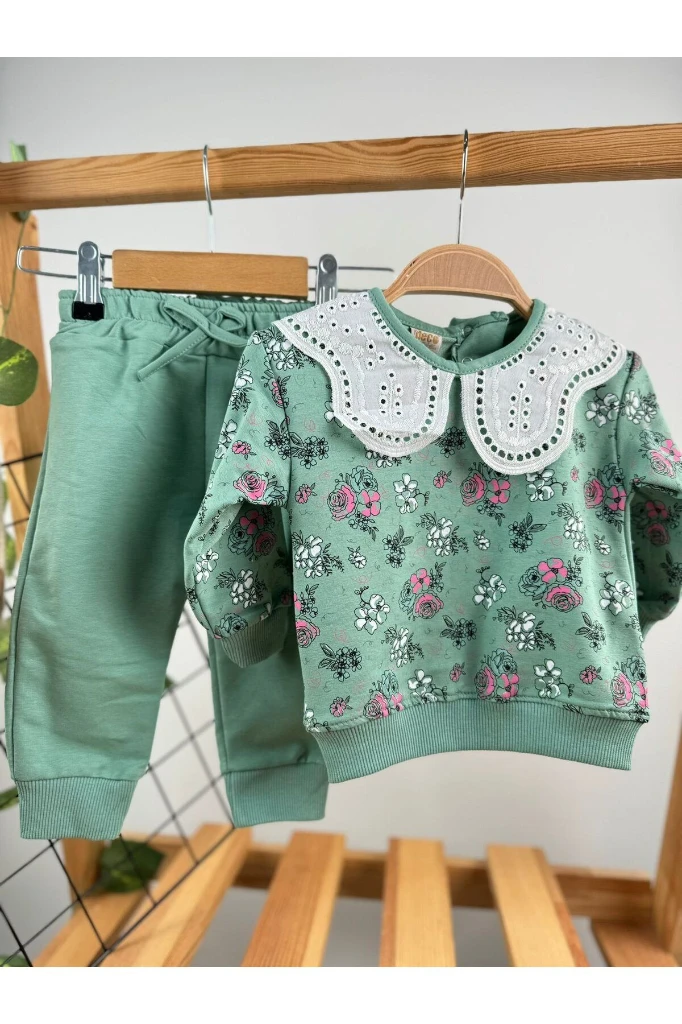 ÇİÇEK BASKILI BEBE YAKALI MEVSİMLİK KIZ BEBEK/ÇOCUK İKİLİ TAKIM - YEŞİL