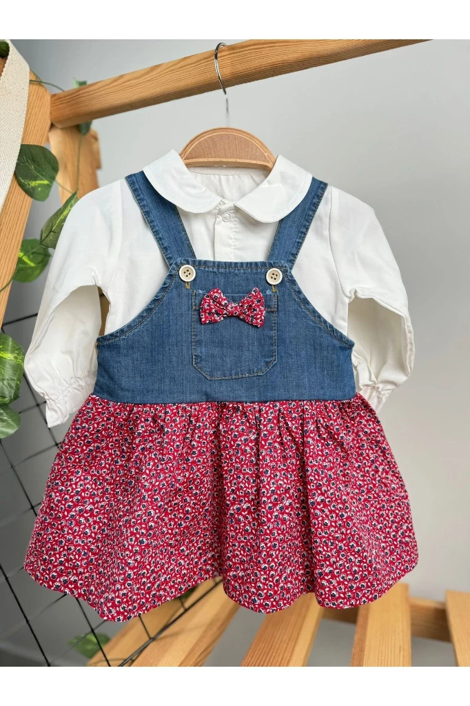 ÇİÇEK BASKILI GÖMLEKLİ BAYRAMLIK ÖZEL GÜN ŞIK KOT KIZ BEBEK ELBİSE - KIRMIZI
