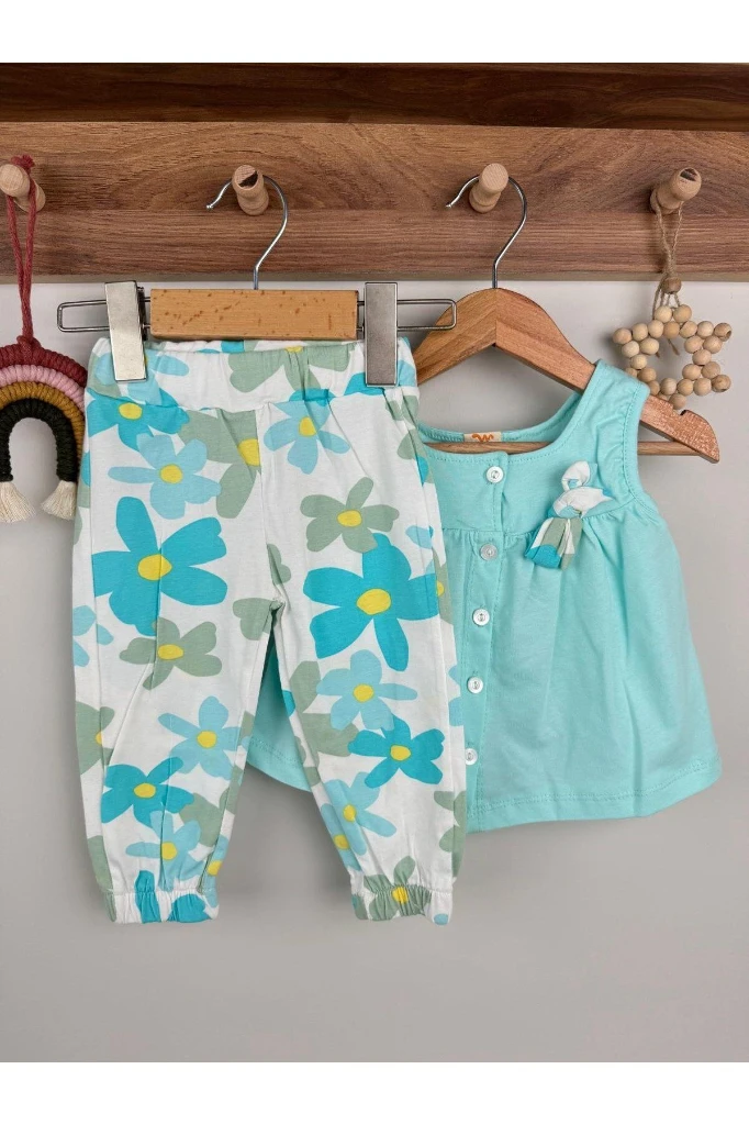 Çiçek Desen Taytlı Fiyonk Detaylı Sıfır Kollu Yazlık Kız Bebek İkili Takım - TURKUAZ