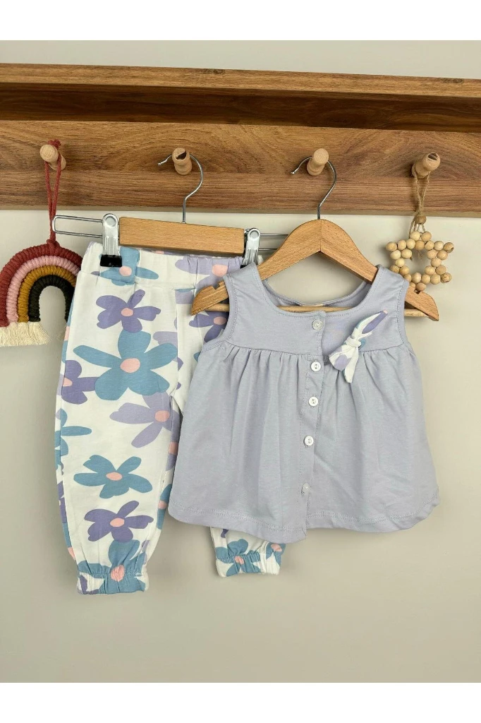 Çiçek Desen Taytlı Fiyonk Detaylı Sıfır Kollu Yazlık Kız Bebek İkili Takım - LİLA