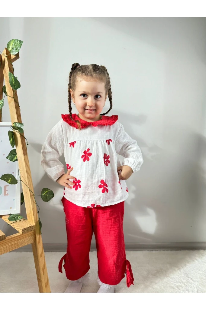 Çiçek Desenli Bebe Yaka Lüx Kalite Salaş Müslin Kız Bebek/Çocuk İkili Takım - KIRMIZI