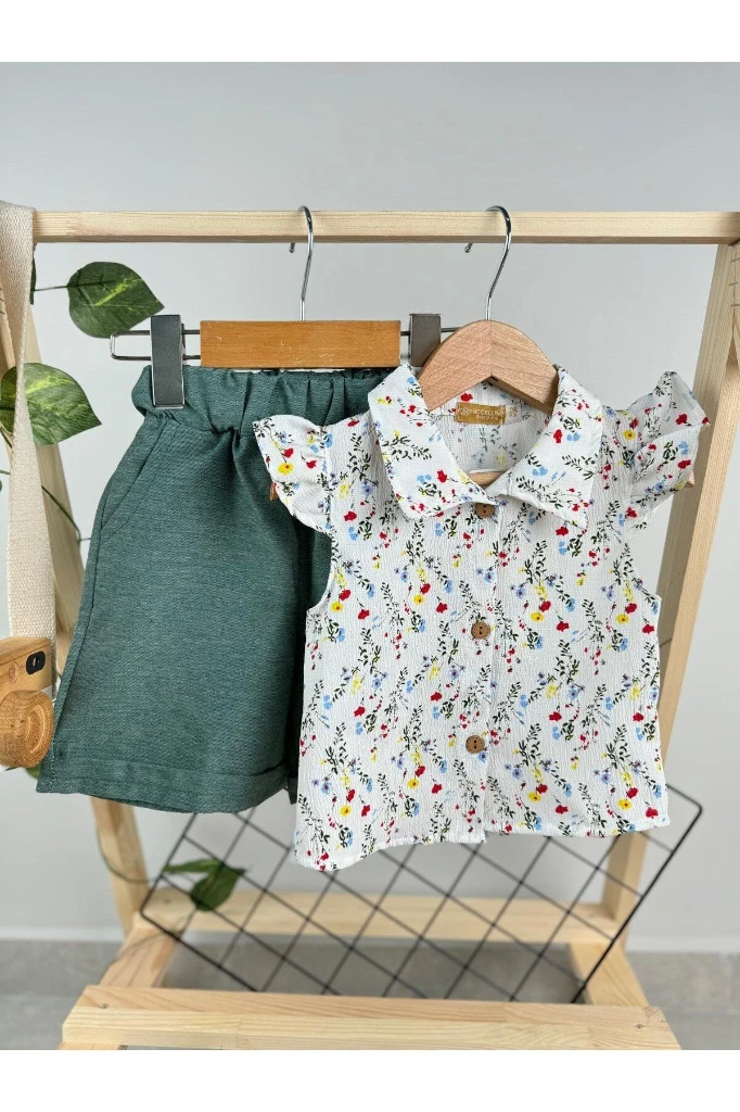 ÇİÇEK DESENLİ ŞORTLU KIZ BEBEK/ÇOCUK TAKIM - YEŞİL