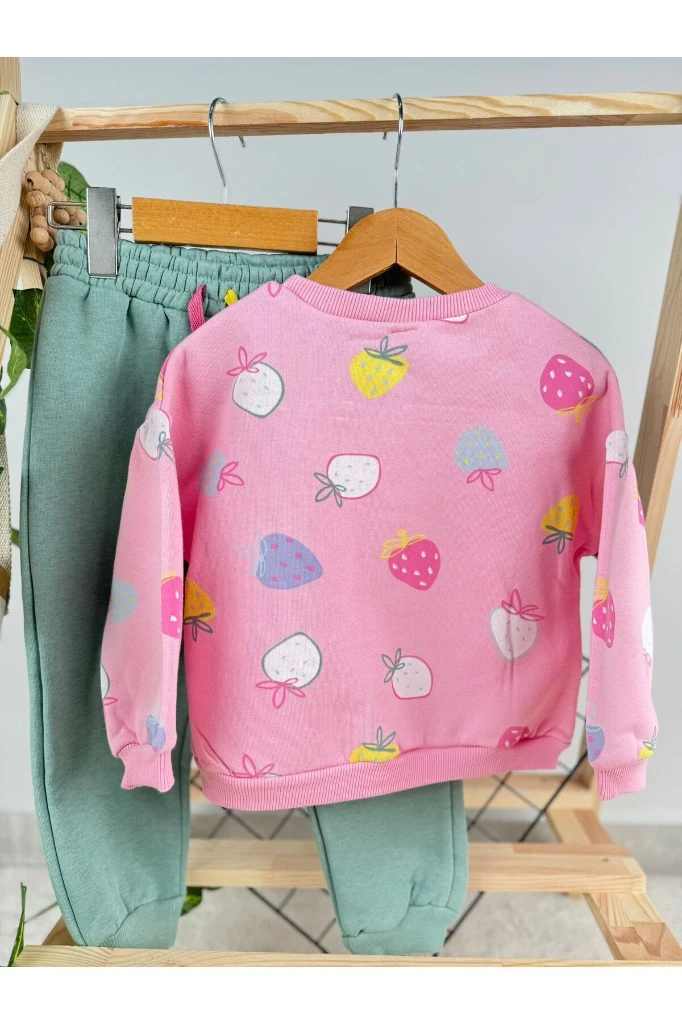 Çilek Baskılı 3 İp Kışlık Kız Bebek/Çocuk İkili Takım - PEMBE