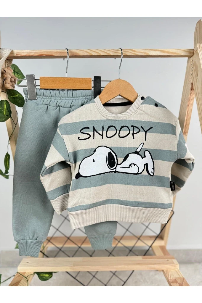 Çizgi Köpek Snopy Baskılı 3 İp Kışlık Erkek İkili Takım - SU YEŞİL