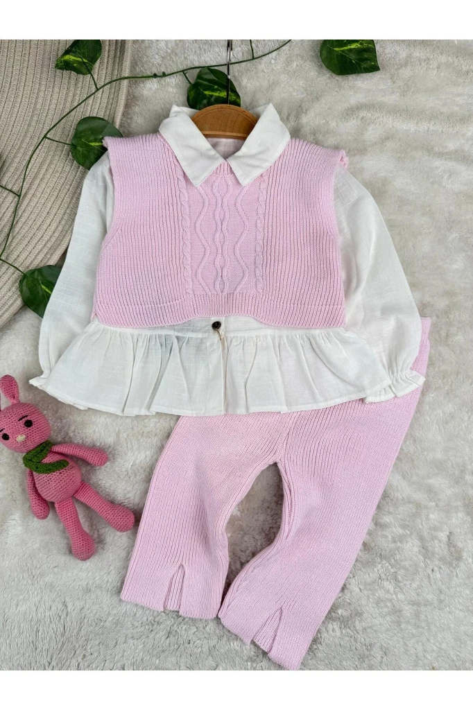 Crop Süveterli Gömlekli 3'lü Triko Premium Kız Bebek Takım - PEMBE