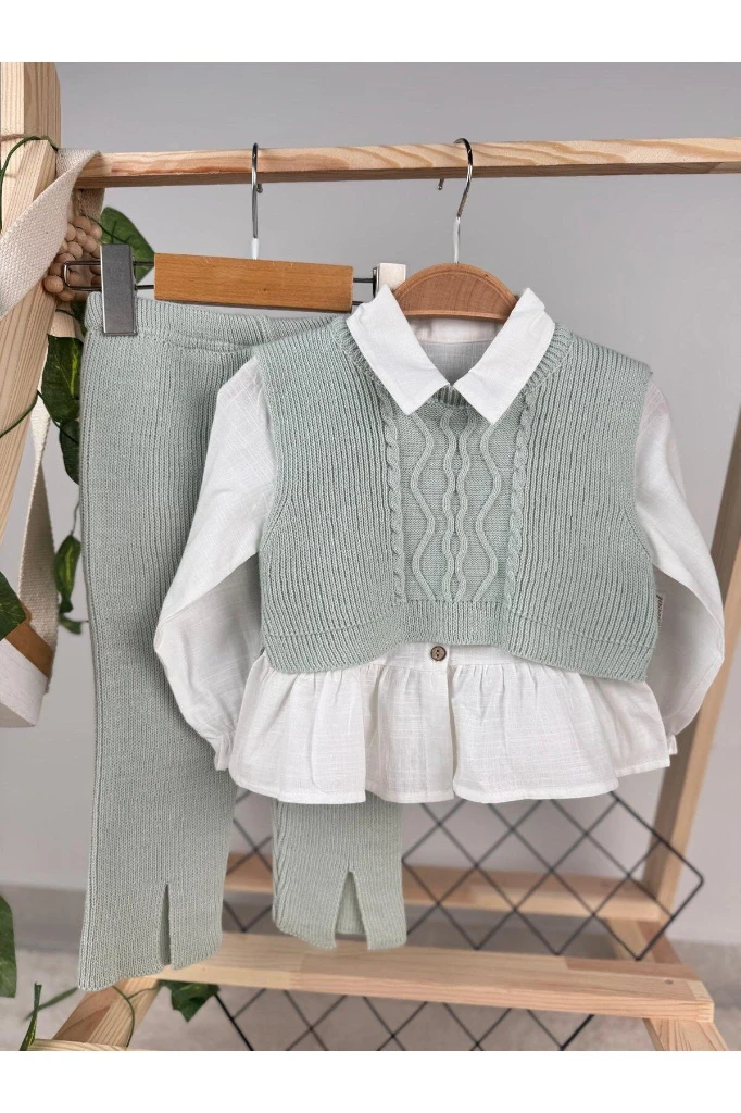 Crop Süveterli Gömlekli 3'lü Triko Premium Kız Bebek Takım - YEŞİL