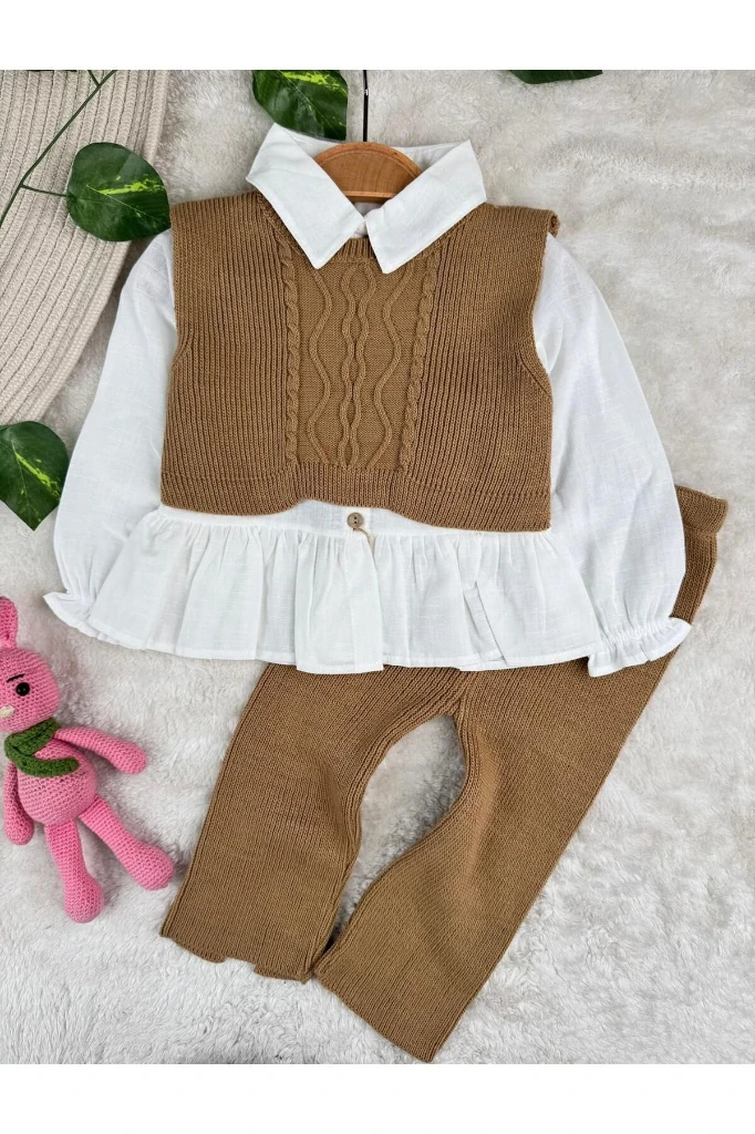 Crop Süveterli Gömlekli 3'lü Triko Premium Kız Bebek Takım - KAHVERENGİ