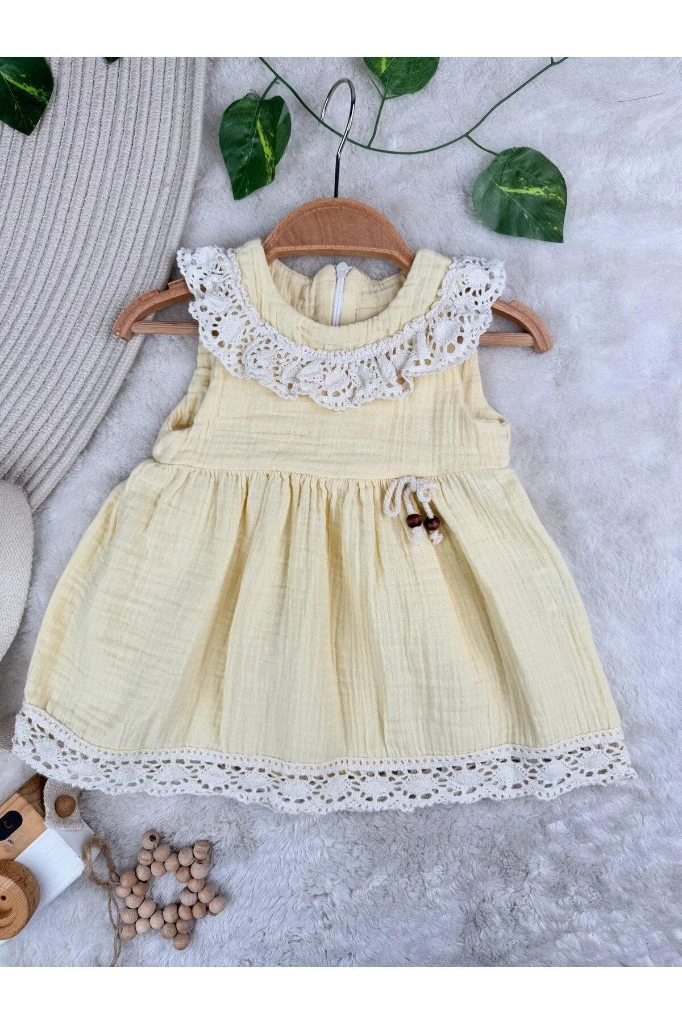 Dantelli Müslin %100 Pamuklu Yazlık Kız Bebek Elbise - SARI
