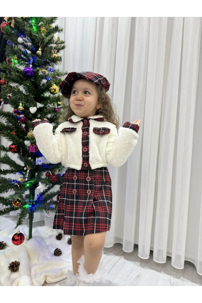 Ekose Desen Etekli Welsoft Hırkalı Şapkalı Kışlık Kız Bebek Üçlü Takım - KIRMIZI