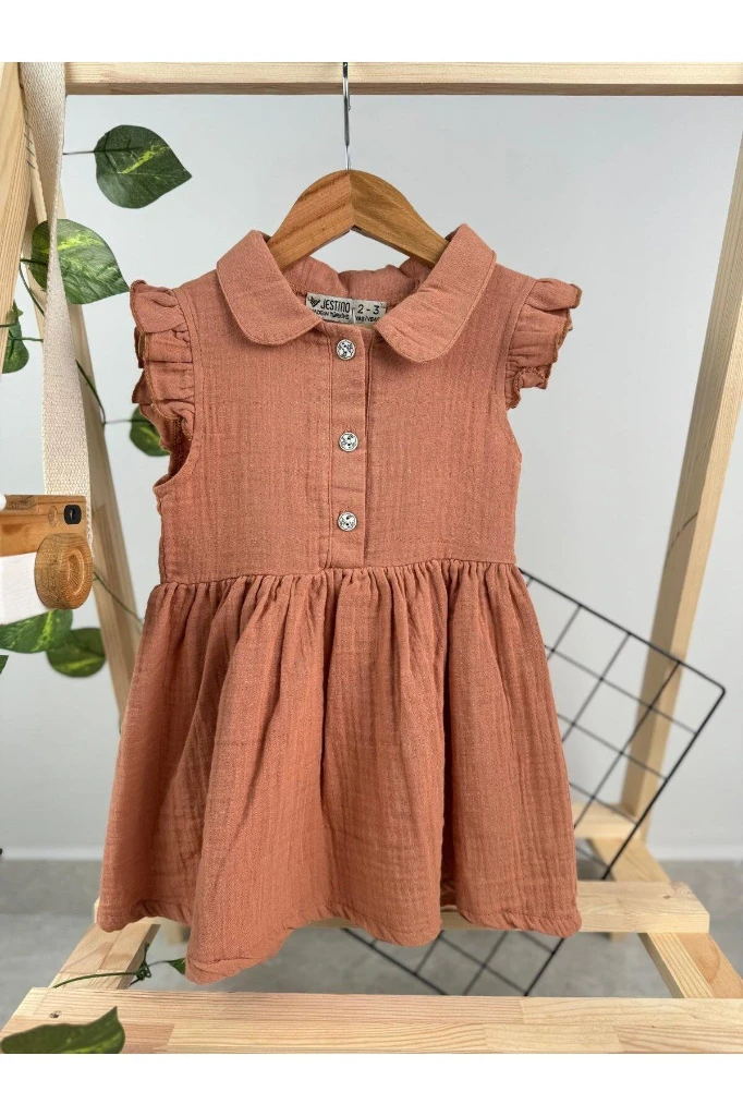 FIRFIRLI KISA KOL KIZ BEBEK/ÇOCUK MÜSLİN ELBİSE - KİREMİT