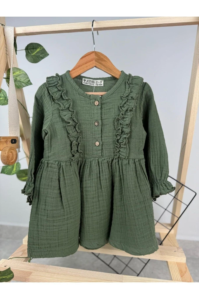 FIRFIRLI UZUN KOL KIZ BEBEK/ÇOCUK MÜSLİN ELBİSE - YEŞİL