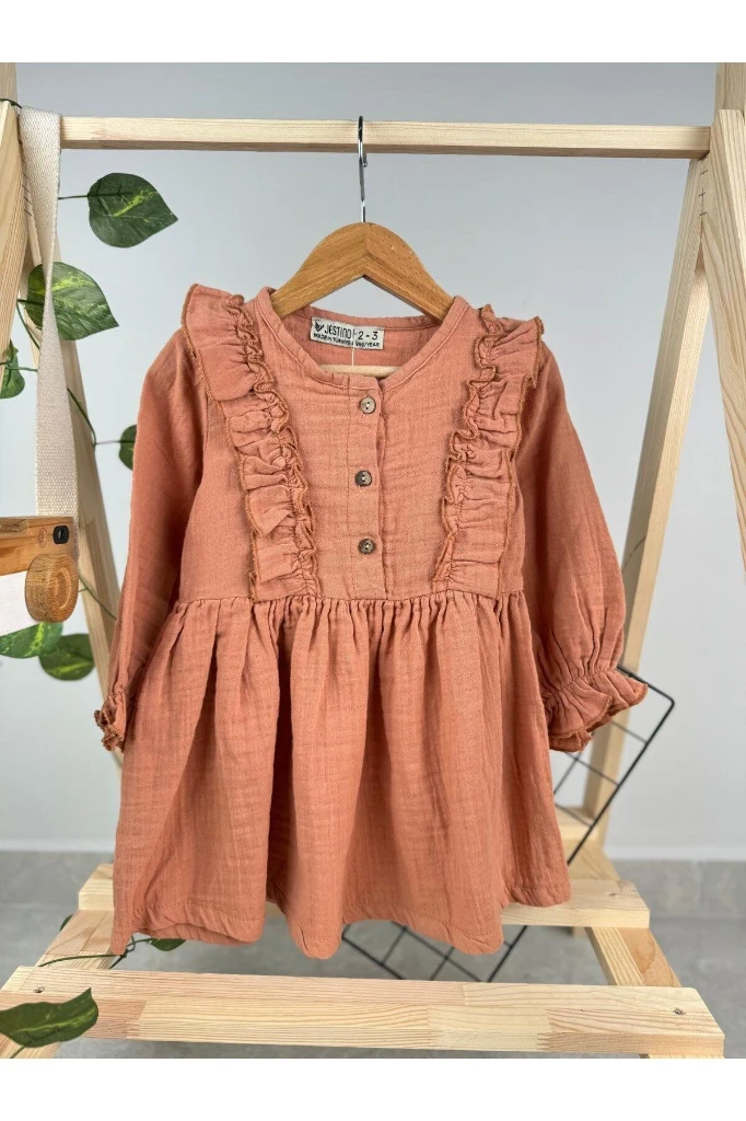 FIRFIRLI UZUN KOL KIZ BEBEK/ÇOCUK MÜSLİN ELBİSE - KİREMİT