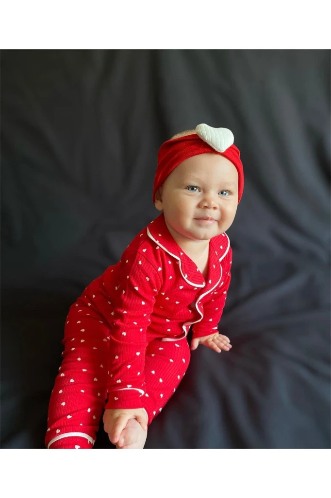 Fitilli Esnek Kalp Baskılı Kız/Bebek Çocuk İkili Pijama Takım - KIRMIZI