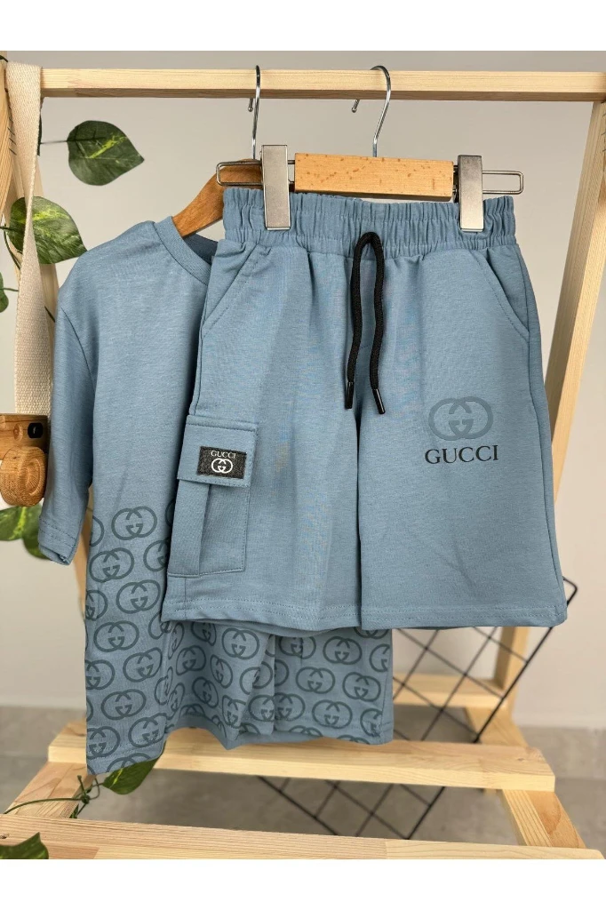 GUCCİİ BASKILI YAZLIK ERKEK ÇOCUK ŞORTLU İKİLİ TAKIM - MAVİ