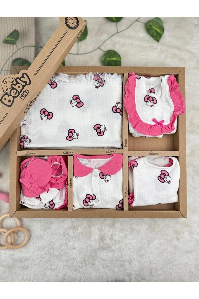 Hello Kitty Baskılı Premium Kaliteli %100 Pamuk Müslin 10 Parça Yenidoğan Seti - PEMBE