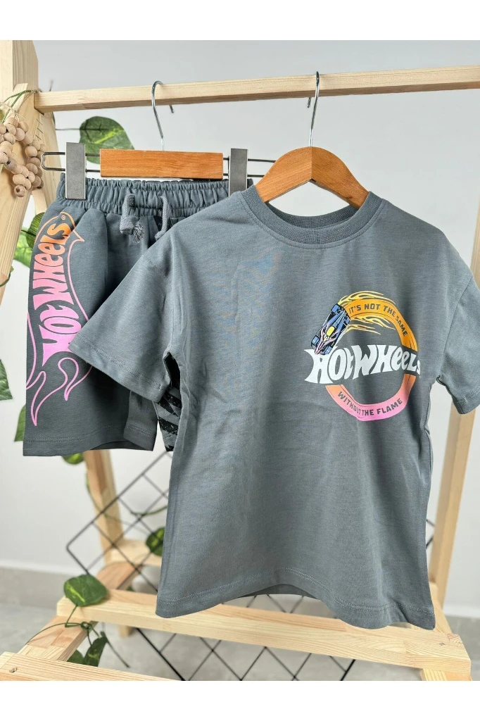 Hotwheels Baskılı Yazlık Premium Kalite   Pamuk Şortlu İkili Takım - GRİ