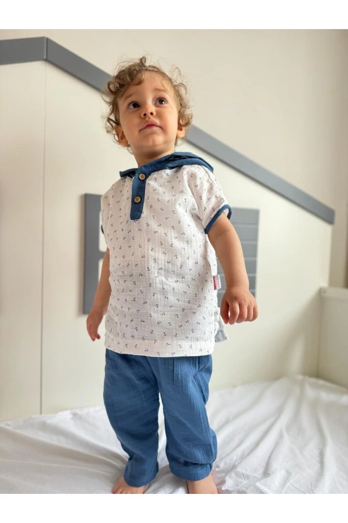 Kanca Baskılı Kolları Biyeli Kapüşonlu Unisex Müslin İkili Takım - MAVİ