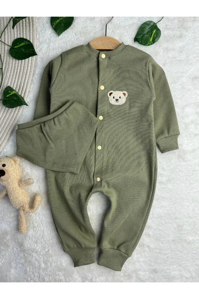 Kaşkorse %100 Pamuk Uzun Kollu Mevsimlik Unisex Bebek Tulum + Yakalık - YEŞİL