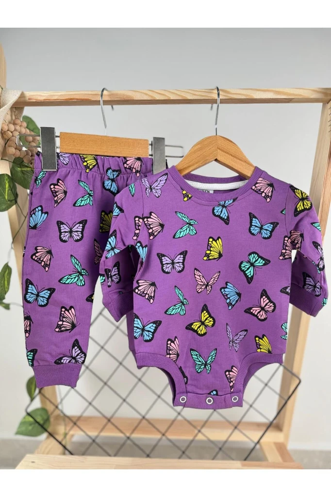 Kelebek Desenli Çıtçıtlı Badili Kız Bebek/Çocuk İkili Takım - MOR
