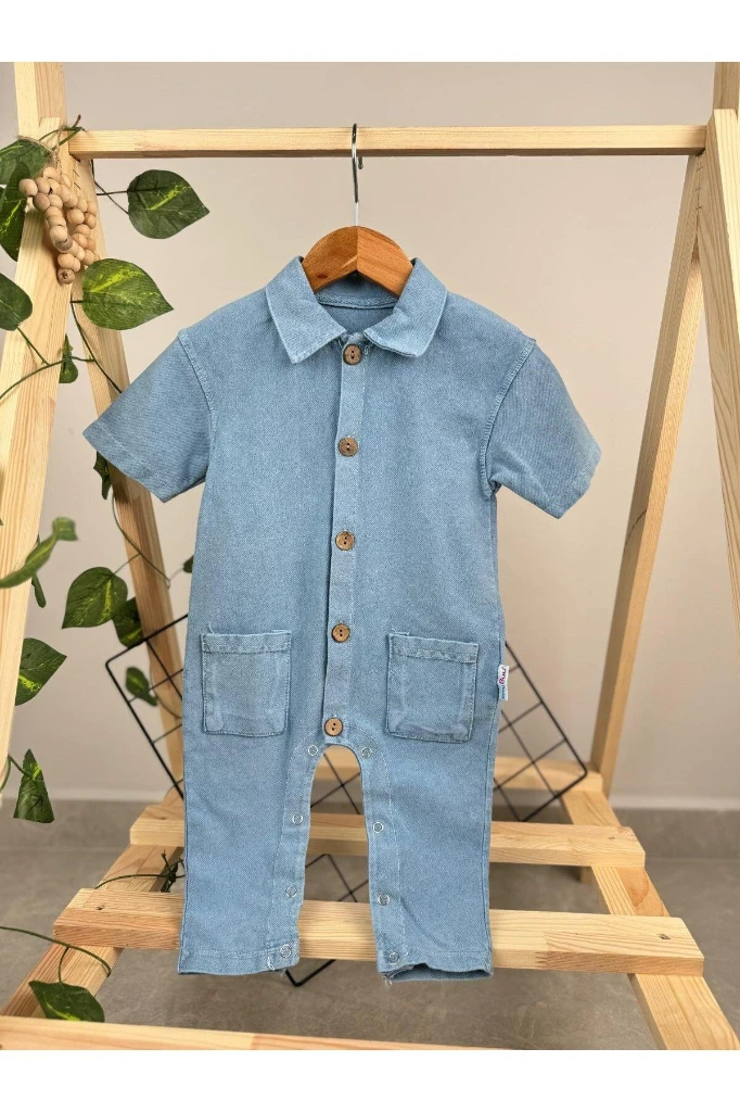 Kısa Kollu Yazlık Unisex Alttan Çıtçıtlı Kot Tulum - AÇIK MAVİ